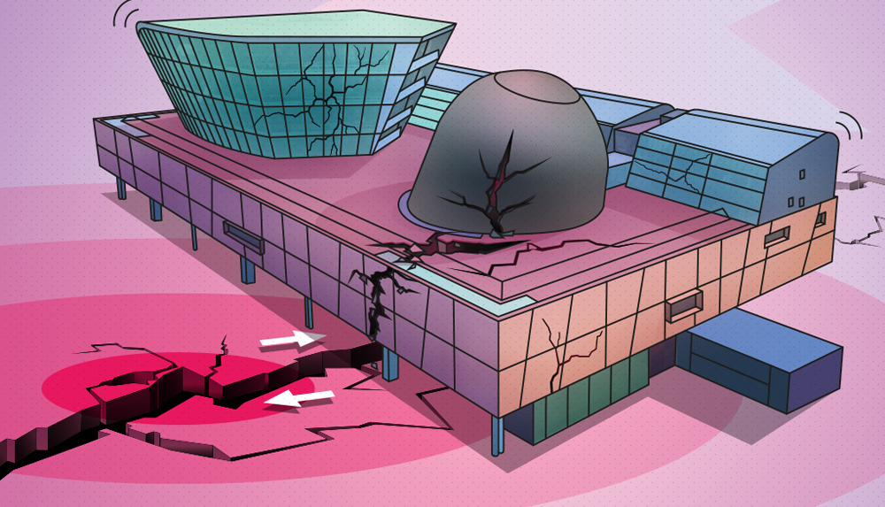 illustration du batiment des Champs Libres avec fissure dans le sol en dessous