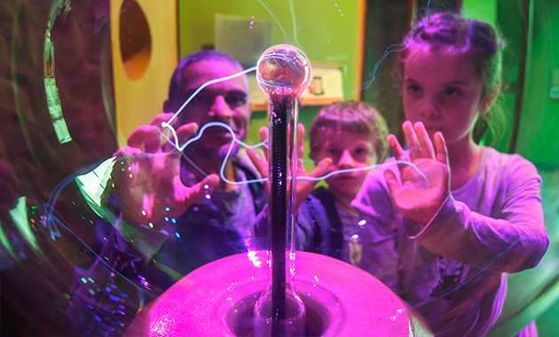 Photo d'une famille utilisant une boule à plasma