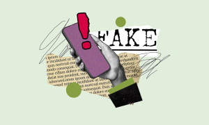 Illustration d'une main tenant un smartphone. Il est écrit à côté, en majuscule, le mot "FAKE"